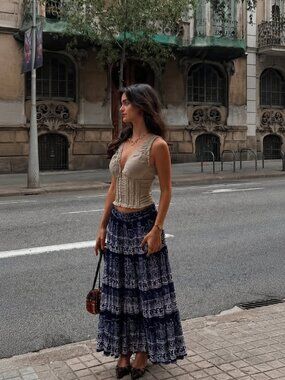 Vintage Navy Tiered Skirt Indian Ethnic Pleated Midi Maxi Size S M L